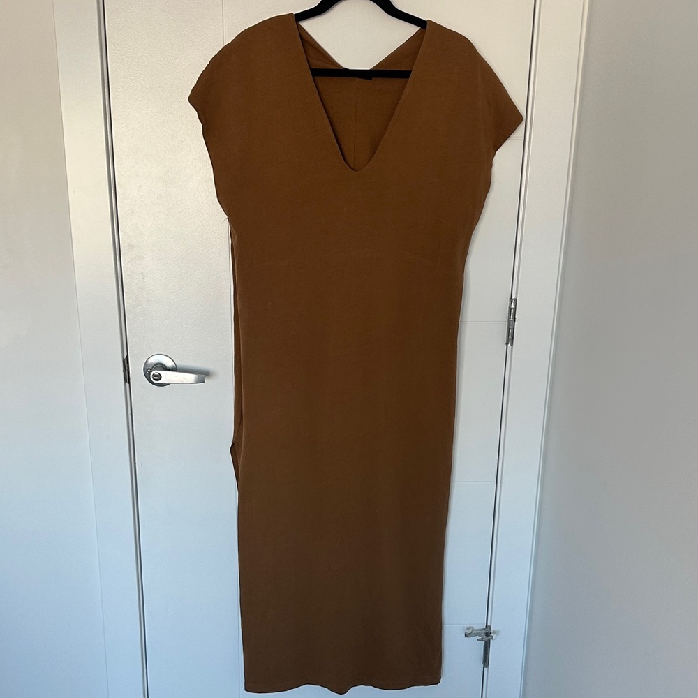 ZARA Washed Enzyme Toffee Midi Dress – Size Large – 100% Cotton